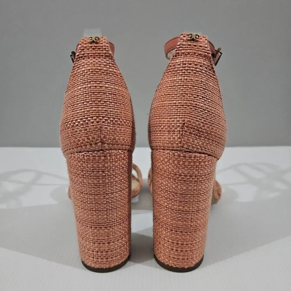 Sam Edelman Yaro Block Heel Sandal Womens 10.5 Pink Coral Woven Ankle Strap